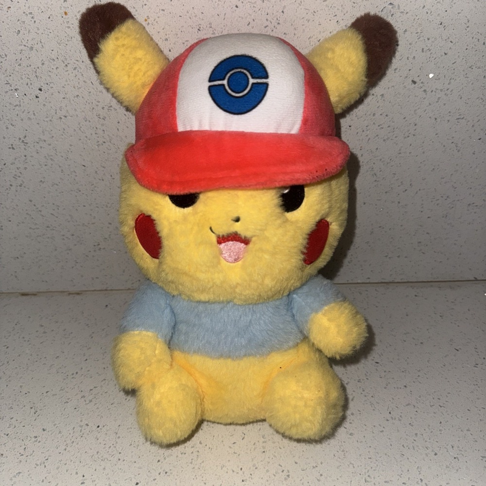 Pokemon Ash's Pikachu Plushie Yellow Wearing Hat Shirt 10 Inch Stuffed Animal